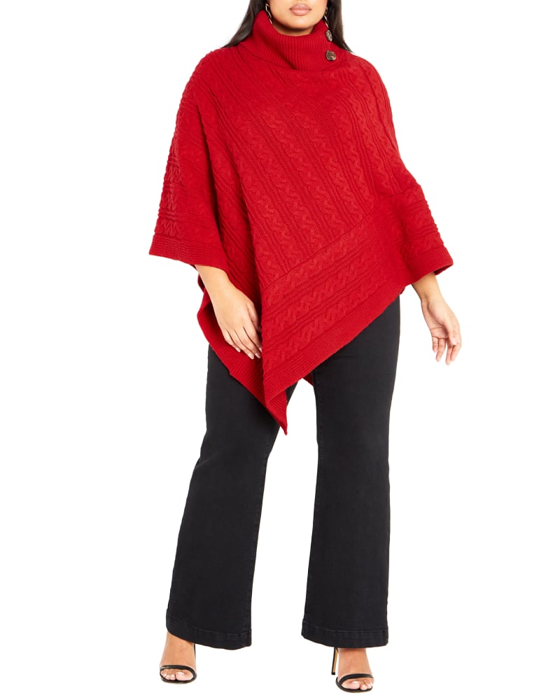 Front of a model wearing a size 18/20 PONCHO ARIA BTN in Red by avenue. | dia_product_style_image_id:317968